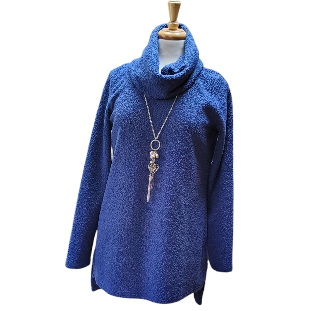Pure Essence Indigo Cowl Neck Sweater With Hi-Low Hem